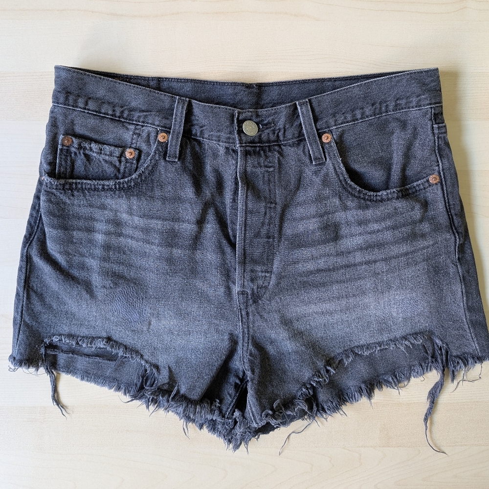 LEVI'S 501 Black‎ Distressed Cut Off Denim Shorts